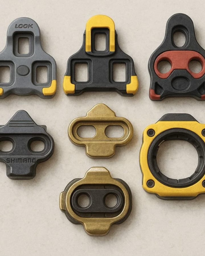 Verschillende schoenplaatjes van Look, Shimano en Speedplay